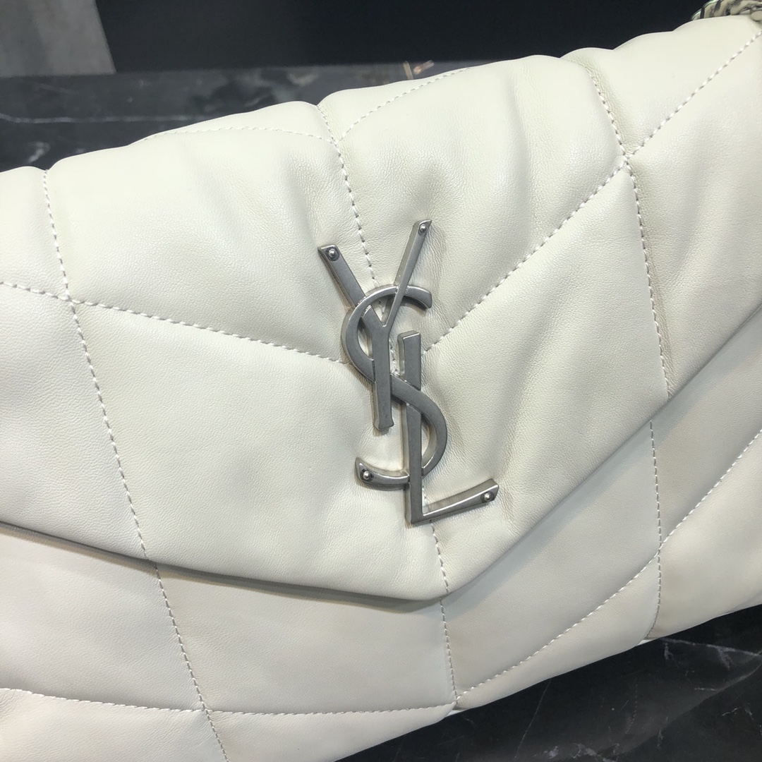 Saint Laurent Loulou Puffer Small Lambskin Shoulder Bag Handbag White 577476 Silver